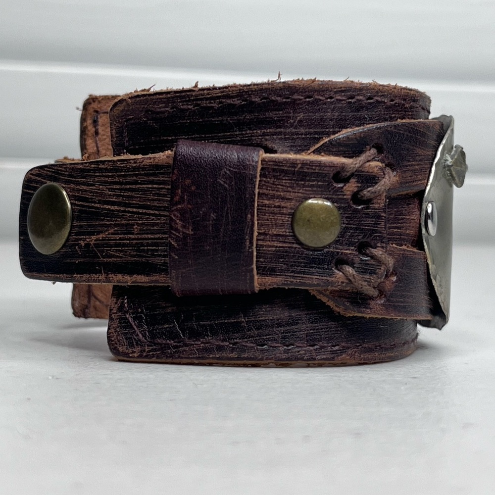 Boho Hand Stamped Metal Plate Follow Your Arrow Leather Cuff Bracelet - Picture 5 of 7